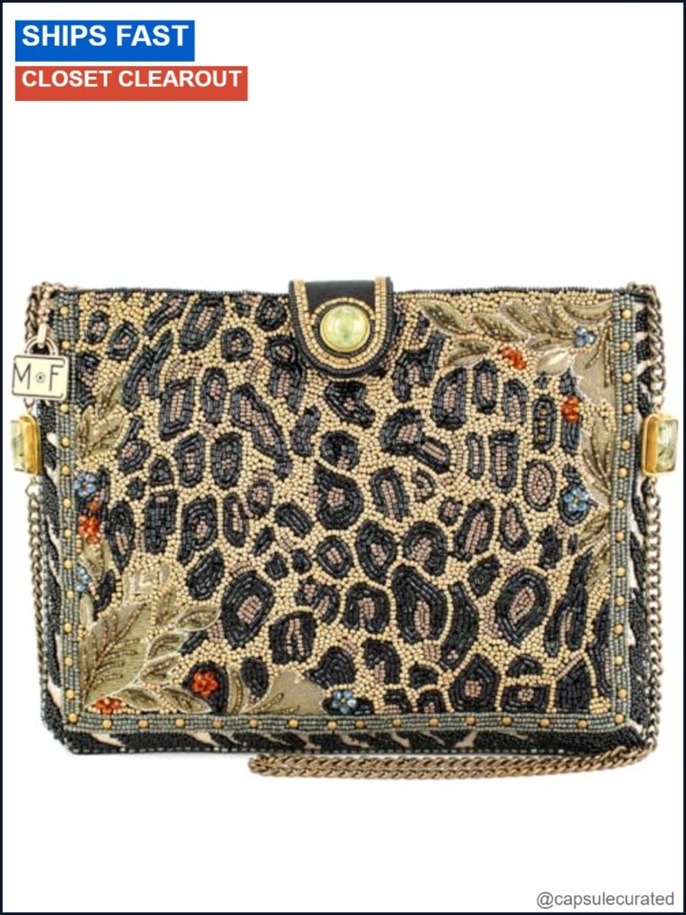 Beaded Animal Print Floral Embroidered Crossbody Bag Gemstone Chain Strap